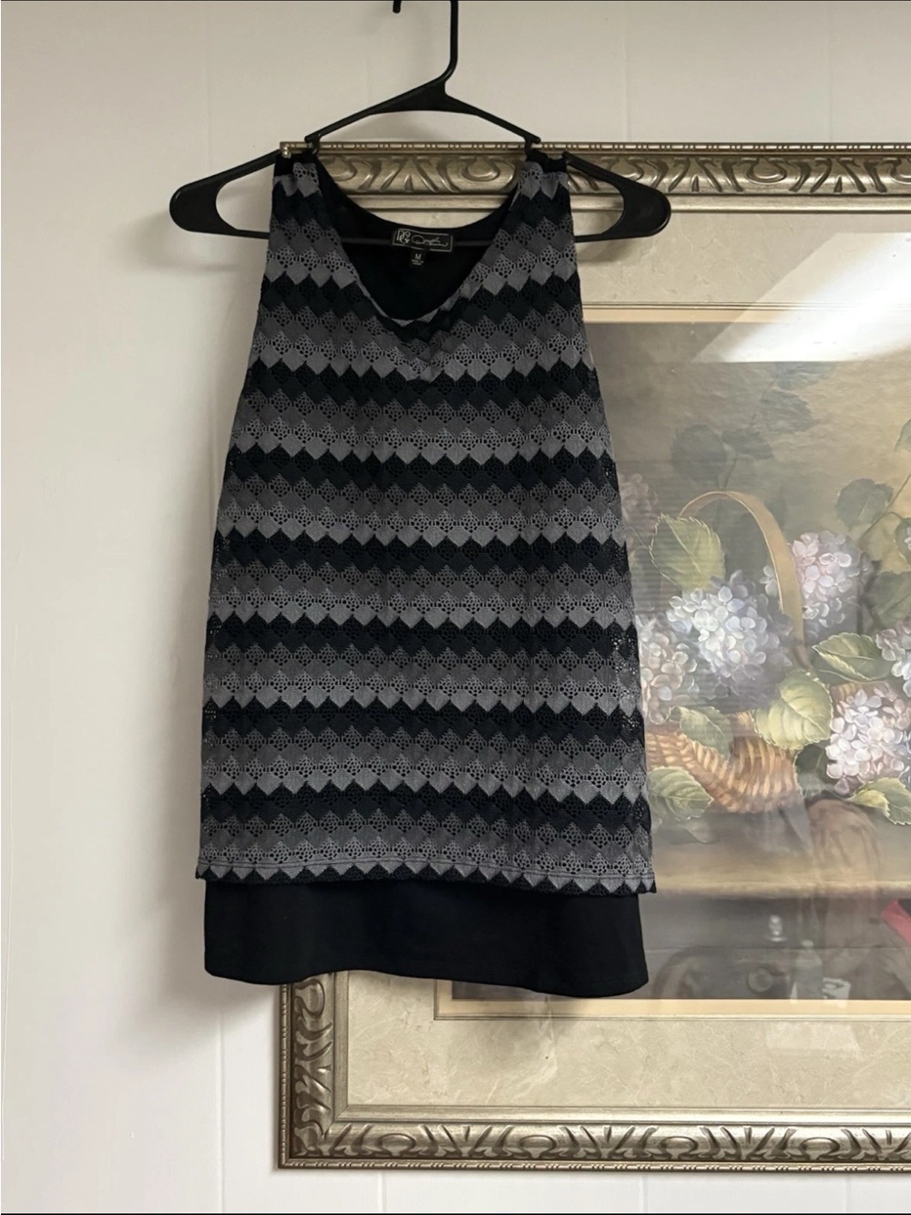 DG2 by Diane Gilman Black and Gray Lace-Striped Layered Tank